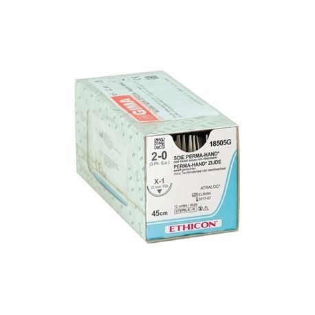 GIMA SUTURAS ETHICON PERMA-HAND SILK - AGUJA CALIBRE 2/0 22 MM - TRENZADA  (12 UDS.)