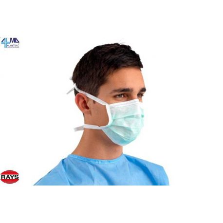 RAYS MASCARILLAS QUIRÚRGICAS EN TST DE TRES CAPAS CON LAZOS - AZUL O VERDE (250 UDS)