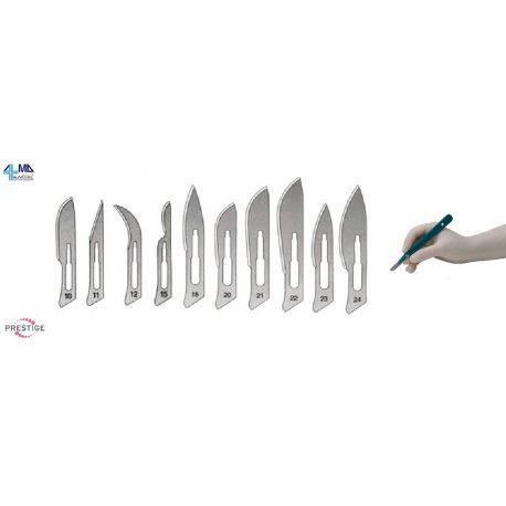 MORETTI DISPOSABLE STERILE SURGICAL BLADES FOR HANDLE – CARBON STEEL BOX OF 100 PCS. (DIFFERENT MEASURES)